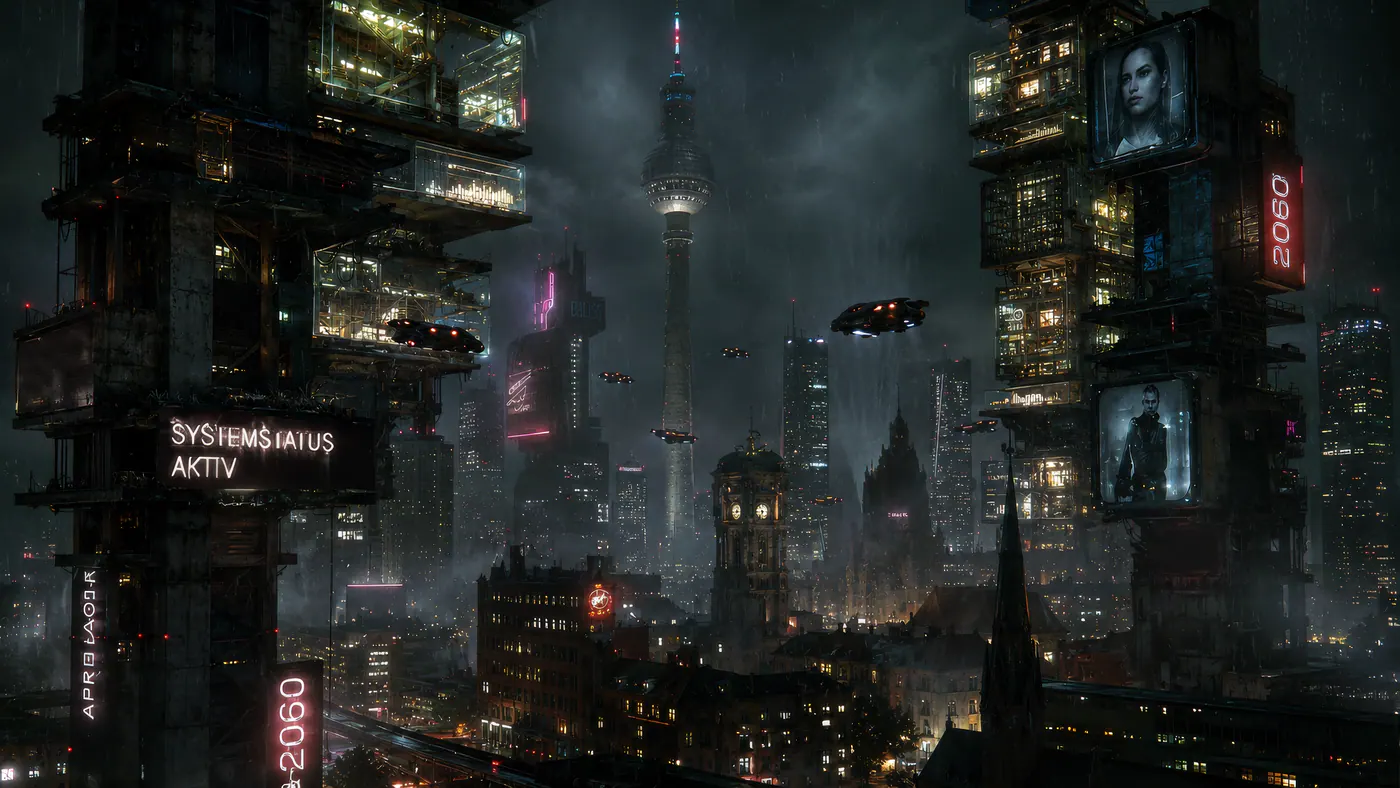 Dense towers and elevated structures around Berlin’s television tower at night.